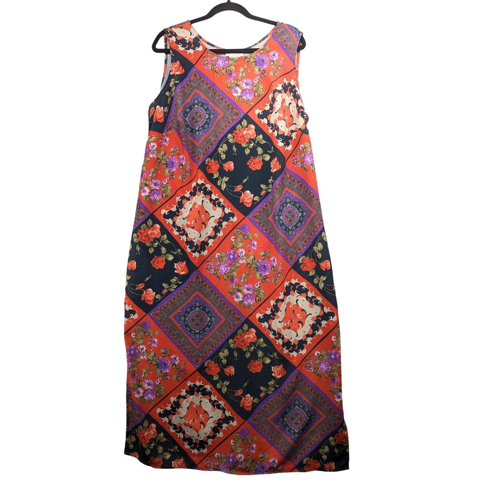 Lady Darian Womens Plus 16W Patchwork Floral Paisley Maxi Dress Red Black Tie